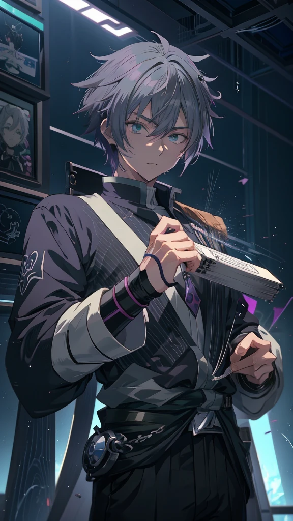 Anime guy with purple hair and green eyes holding a cell phone, Hajime Yatate, Male Anime Style, He has dark grey hair, Male Anime Characters, 2D Anime Style, Inspired by Hiro Yamagata, Handsome anime pose, Anime Shōnen, Anime Handsome Man, Neferpitou, Beautiful androgynous prince, Tall anime guy with blue eyes