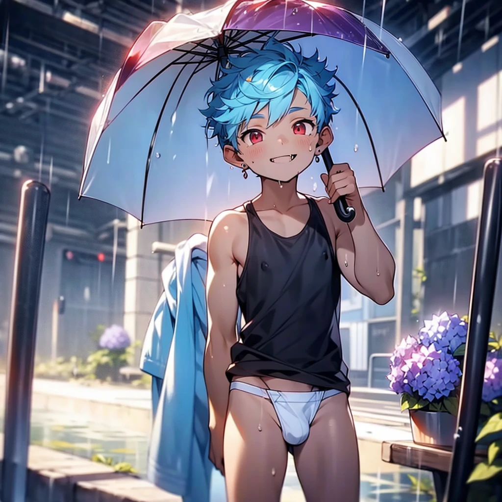 ((solo)), (boldline:-1.6), (holding see throgh umbrella:1.5), (arched back:1.3), ((bubble)), (standing:1.5), (((fang))), (((best finger))), BREAK (best quality:1.5), (absolutely resolution:1.5), (ultra detailed:1.5), (masterpiece:1.5), (perfect face:1.5), (detailed face:1.3), (detailed eyes:1.5), (best eyes:1.5), (cute face), (shota:1.9), BREAK (black tank top:1.5), BREAK (white loincloth:1.5), (see throgh wet clothes:1.5), (bulge:1.6), (skinny:1.3), BREAK (light blue hair:1.5), ((spiked hair)), BREAK (wine red eyes:1.4), (eyes with highlight:1.6), ((mole under eye)), (sweaty skin), (smiling:1.5), ((earrings)), (shiny skin:1.3), BREAK (garden), (purple hydrangea:1.3), (heavy rain:1.3), ((wind blowing)), ((nipple)), (abs), groin, water splashing,