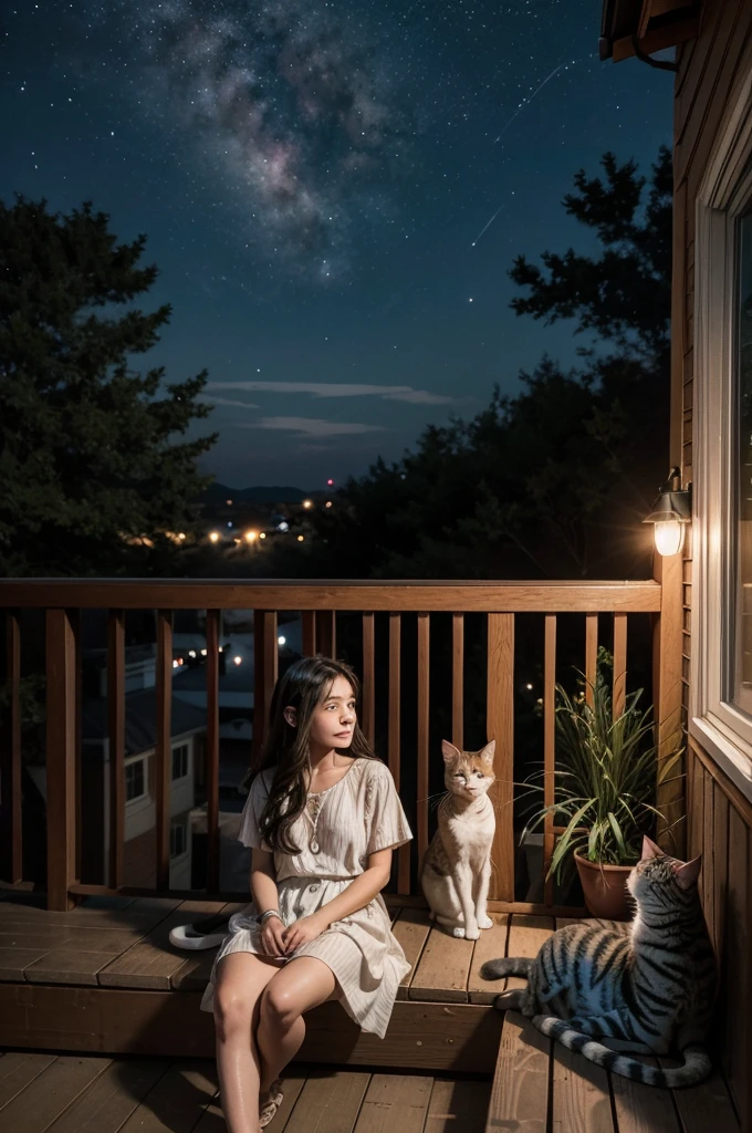 a girl sitting on a porch with a cat, with a view of the night sky