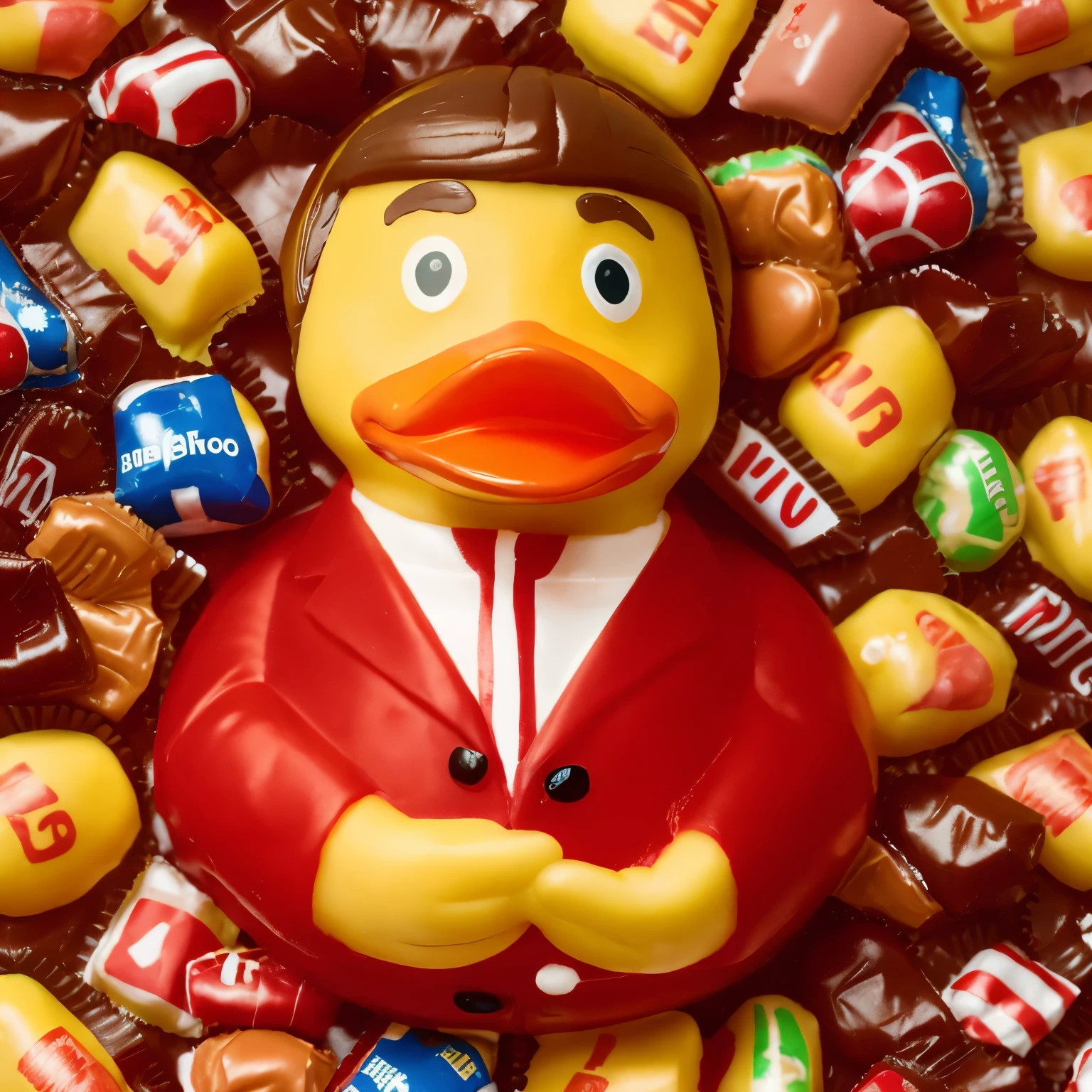 rubberduck, Emmanuel Macron, in a pile of candy8k, 4k, detailed