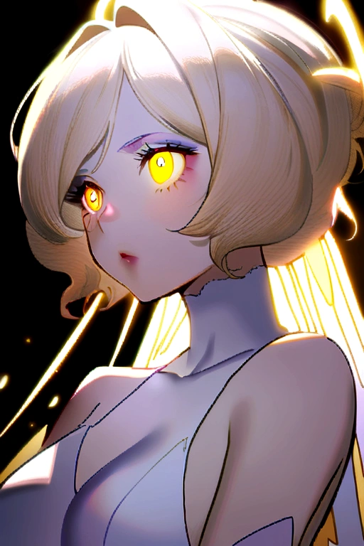 2D pale angel girl with pink touches on her cheeks and curly light blonde with gold and white wings