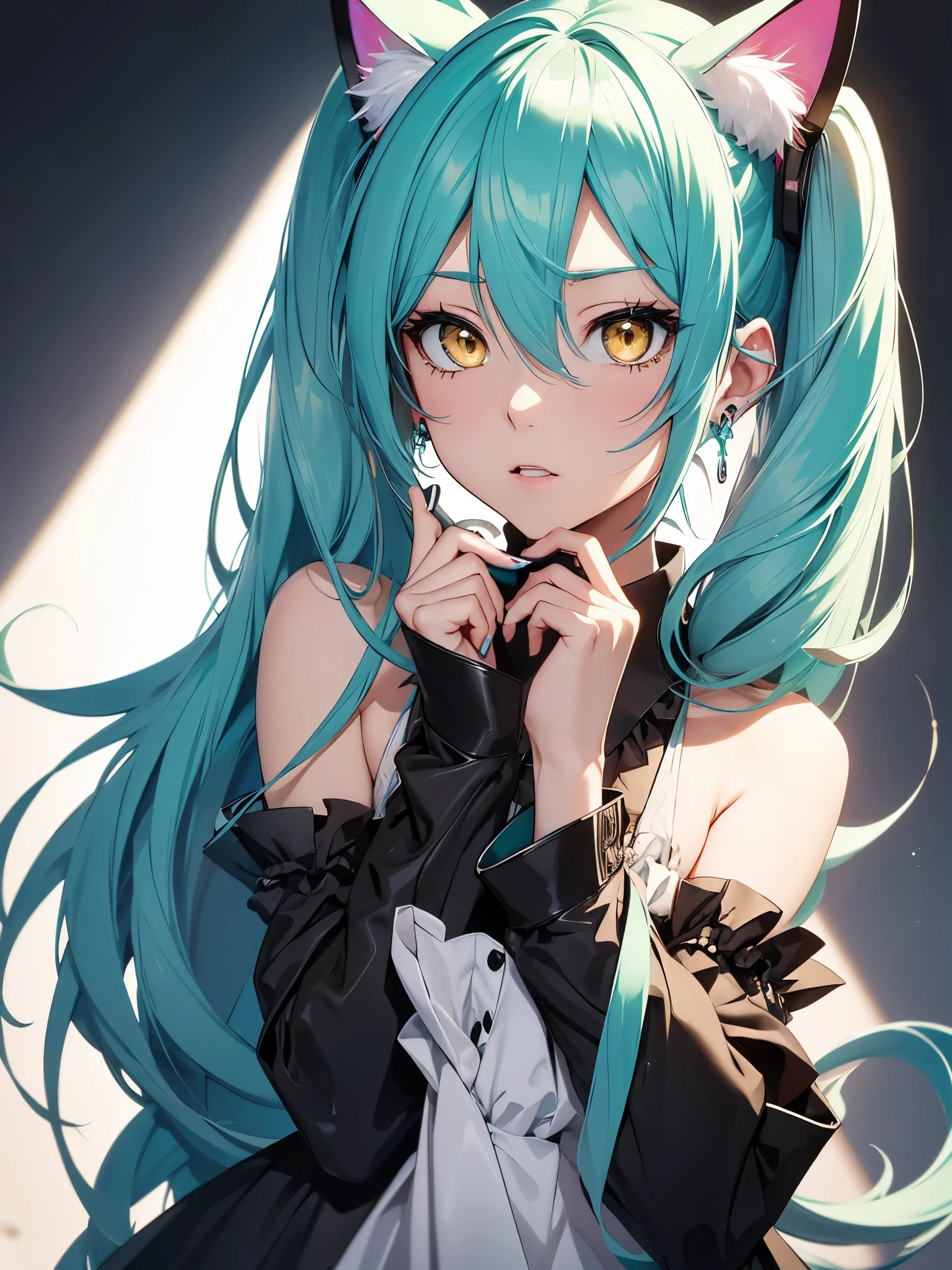 Hatsune Miku, makeup, earrings, yellow eyes, cat ears