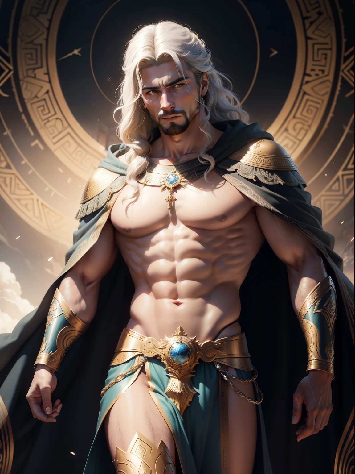 (obra de arte) crie um retrato ultra realista de um deus alado masculino forte e bonito. The god must have a confident and powerful expression on his face, with piercing eyes that convey their strength and wisdom. Seu cabelo deve ser longo e solto, e sua pele deve ser lisa e perfeita.Regarding clothing, the god must be adorned with regal and luxurious clothes like the Greeks, perhaps with a long flowing cloak that ripples behind him in the wind. Ele deveria estar carregando algum tipo de arma, perhaps a sword of light or a spear of fire, to signify his strength and power. The general mood of the image should be one of admiration and reverence, com o deus retratado de uma maneira majestosa e semelhante a um deus. The background of the image should be epic and grandiose, talvez com nuvens ou montanhas ao longe para enfatizar ainda mais a estatura divina do deus. The final image must be inspiring and leave the viewer in no doubt about the power and majesty of the god.. 3D rendering, octane rendering, cinematic, trends on Artstation | isometric | Centered hyperrealistic cover photo in stunning colors, , hand drawn, escuro, corajoso, muito realista, Klimt, provocando .12 mil, intrincado. High definition , cinematic,Approximate sketch, mix of bold escuro lines and loose lines, linhas em negrito, no papel , corpo inteiro com vestido de seda, Humanoid, corpo todo