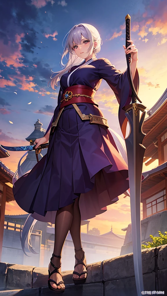 Japanese style anime. woman. middle age. Europe. Fantasy. skirt. sword. standing. whole body. from below.  