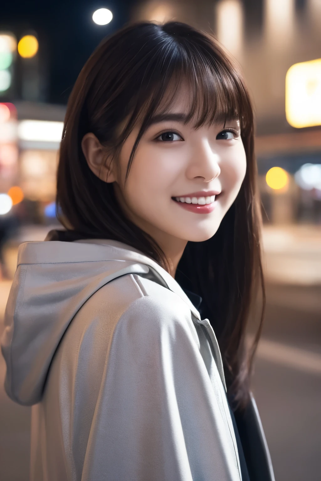 One Girl, (Wear a platinum coat:1.2), (RAW Photos, Highest quality), (Realistic, Photorealistic:1.4), Tabletop, Very delicate and beautiful, Very detailed, 2k wallpaper, wonderful, In detail, Very detailed CG Unity 8K 壁紙, Super detailed, High resolution, Soft Light, Beautiful detailed girl, Very detailed目と顔, Beautifully detailed nose, Beautiful attention to detail, Cinema Lighting, Night city lights, Perfect Anatomy, Slender body, Was nervous, Straight semi-long hair, bangs, View your viewers, smile