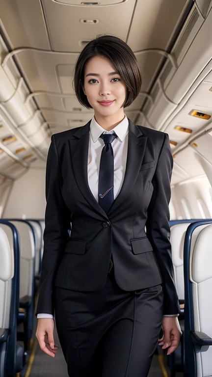 1beautiful womanl, 28years、hyperdetailed face、Detailed lips、A detailed eye、double eyelid、(Black bob hair、Smiling while walking gracefully down the aisle)、(Stewardess uniform:1.2)、((beautiful tie)) (Glamorous body)、(Colossal tits)、((short-cut hair))、(large full breasts)(big butts)(Plump body)(plump body shape)( large full breasts)((J-Cup))、((not SEXY))、highs thighs thighs thighs, Perfect fit, Perfect image realism, Background with: (Business Class aisle on airplanes:1.2), Cowboy Shot, Meticulous background, detailed costume, Perfect litthing、Hyper-Realism、(Photorealsitic:1.4)、8K maximum resolution, (masterpiece), ighly detailed, Professional