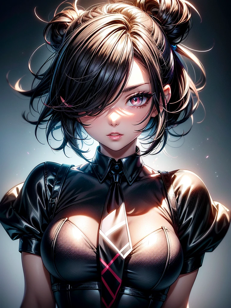 (masterpiece)(8k)(cute)(25-year old woman)(1girl:1.5)(solo:1.8)(wild hair:1.3)(short hair:1.3)(black brown hair)(shiny hair:1.2)(hair over one eye:1.5)(hairbun:1.2)(flat chest:1.3)(black pupils:1.3)(glossy skin:1.2)(glossy lips)(dark, glossy eye-shadow:1.3)(dark eyelashes:1.3)(choker necklace)(translucent white office shirt:1.3)(long black necktie:1.3)(black jeans)(black boots)(sexy:1.1)(seductive:1.3)(hotel:1.2)(bedroom:1.2)(city night:1.2) rossdraws pastel vibrant, rossdraws cartoon vibrant, style anime 8k, beautiful portrait, artgerm colorful!!!, ! dream artgerm, beautiful anime girl, styled digital art, art wallpaper 8k, digital art, extremely detailed artgerm,