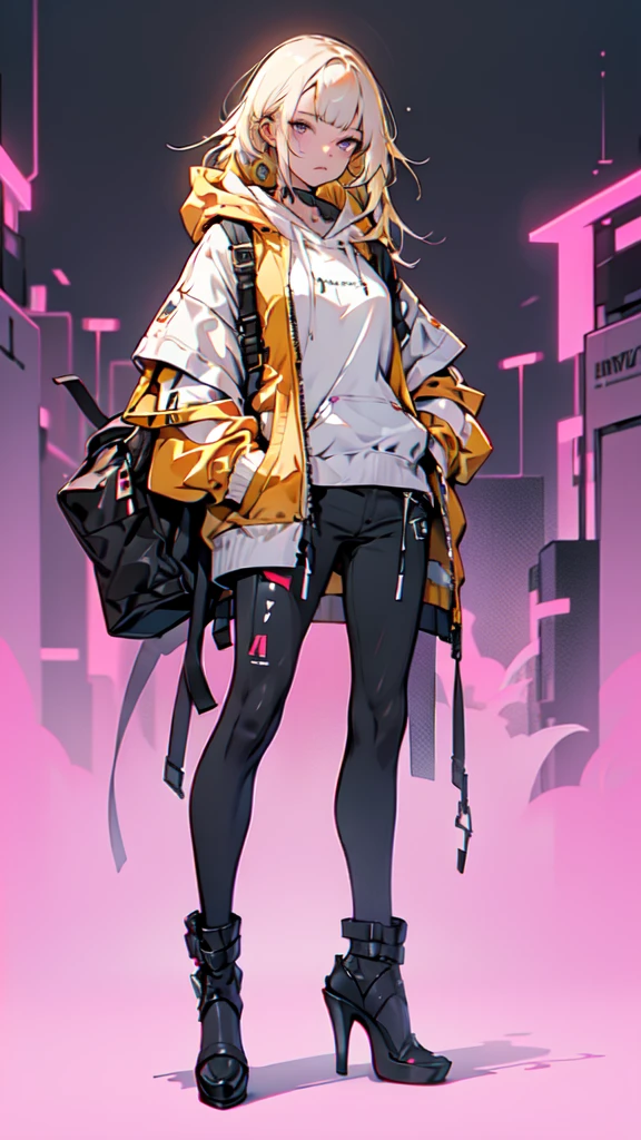 a girl with long yellow hair, blue eyes, wearing an orange hoodie and black heels, in a cyberpunk setting with her hand in her pocket, pink background