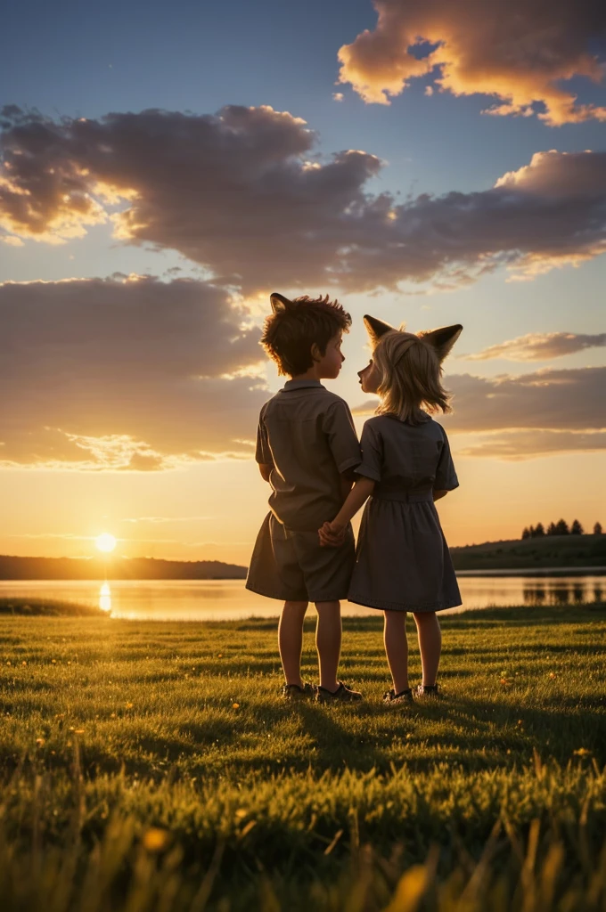 ((best quality)), ((​masterpiece)), (Detailed), An anthropomorphic little wolf boy and an anthropomorphic little fox girl sit hand in hand in a meadow by a lake and watch the sunset.