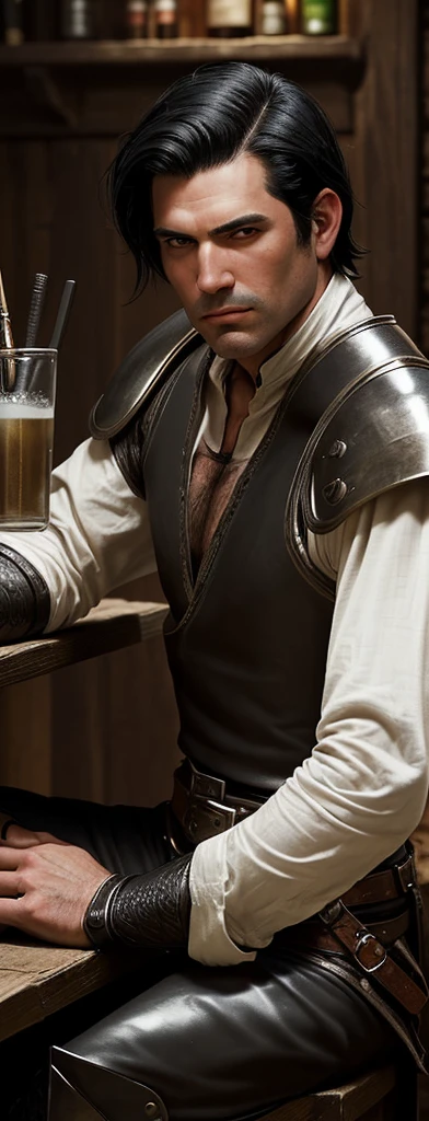 A man of medium build. He has black hair and is clean shaven.. He wears medieval leather armor. He has a dagger hanging on his belt.
He is sitting at the bar of a tavern.