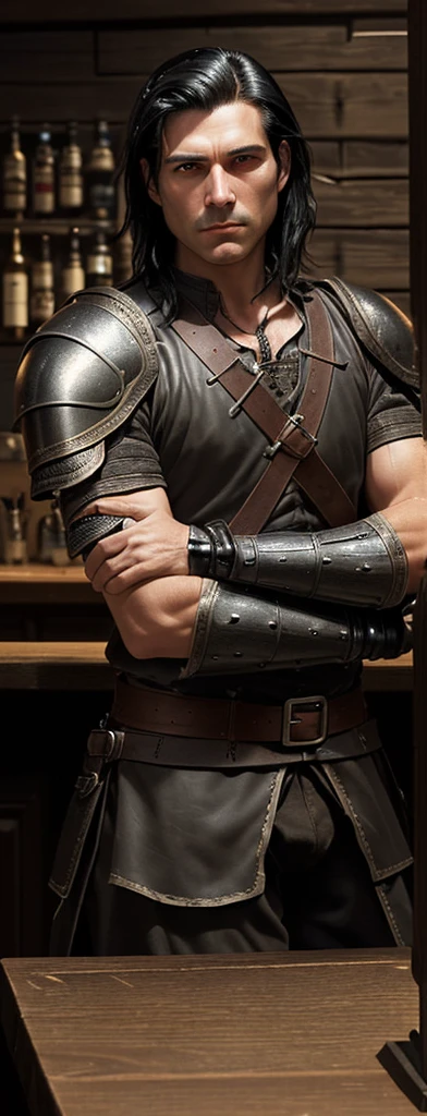 A man of medium build. He has black hair and is clean shaven.. He wears medieval leather armor. He has a dagger hanging on his belt.
He is sitting at the bar of a tavern. 
