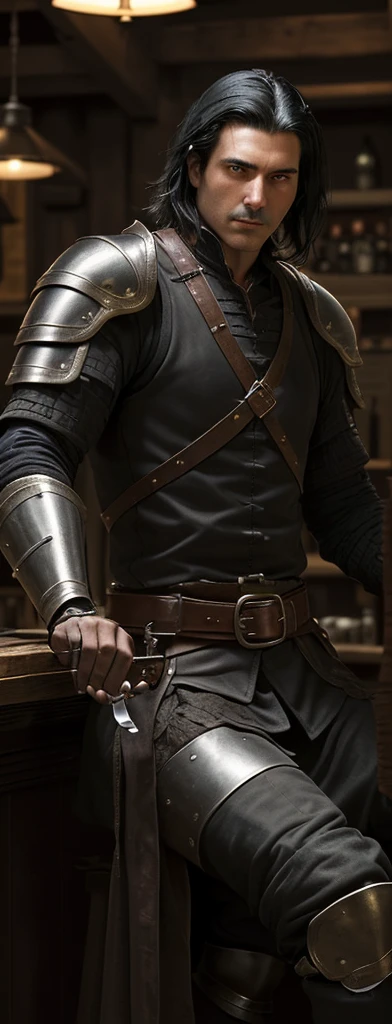 A man of medium build. He has black hair and is clean shaven.. He wears medieval leather armor. He has a dagger hanging on his belt.
He is sitting at the bar of a tavern. 