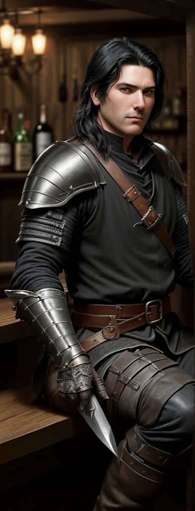 A man of medium build. He has black hair and is clean shaven.. He wears medieval leather armor. He has a dagger hanging on his belt.
He is sitting at the bar of a tavern. 