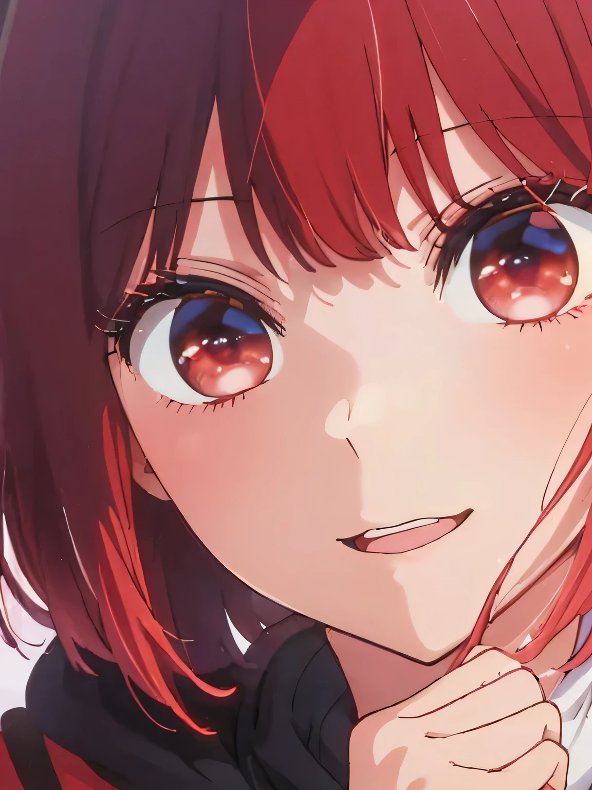 masterpiece、very detailed、(1 girl:1.2)、redhead、Big eyes、(((Close-up)))、smile、short hair、(((anime style)))、(((2D)))、red eyes、open your mouth、(((Winter clothes)))、8K、