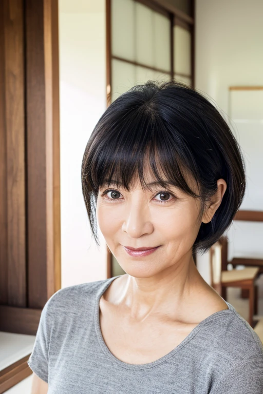 Portrait、8K、high quality、Realistic Photographic Images、50 years old、Japanese women、Neat and clean wife、small 、housewife、Natural and realistic eyes、Beautiful black hair、short hair、Sappin'、light makeup、Beautiful lighting、Golden ratio composition、Laughing、Earth Toned Clothing、Casual clothing、Natural background、Blurred Background、Unclear、Mature Woman、Plain、gray、beige、green、smile、Black-haired、Small black eyes、Background blur
