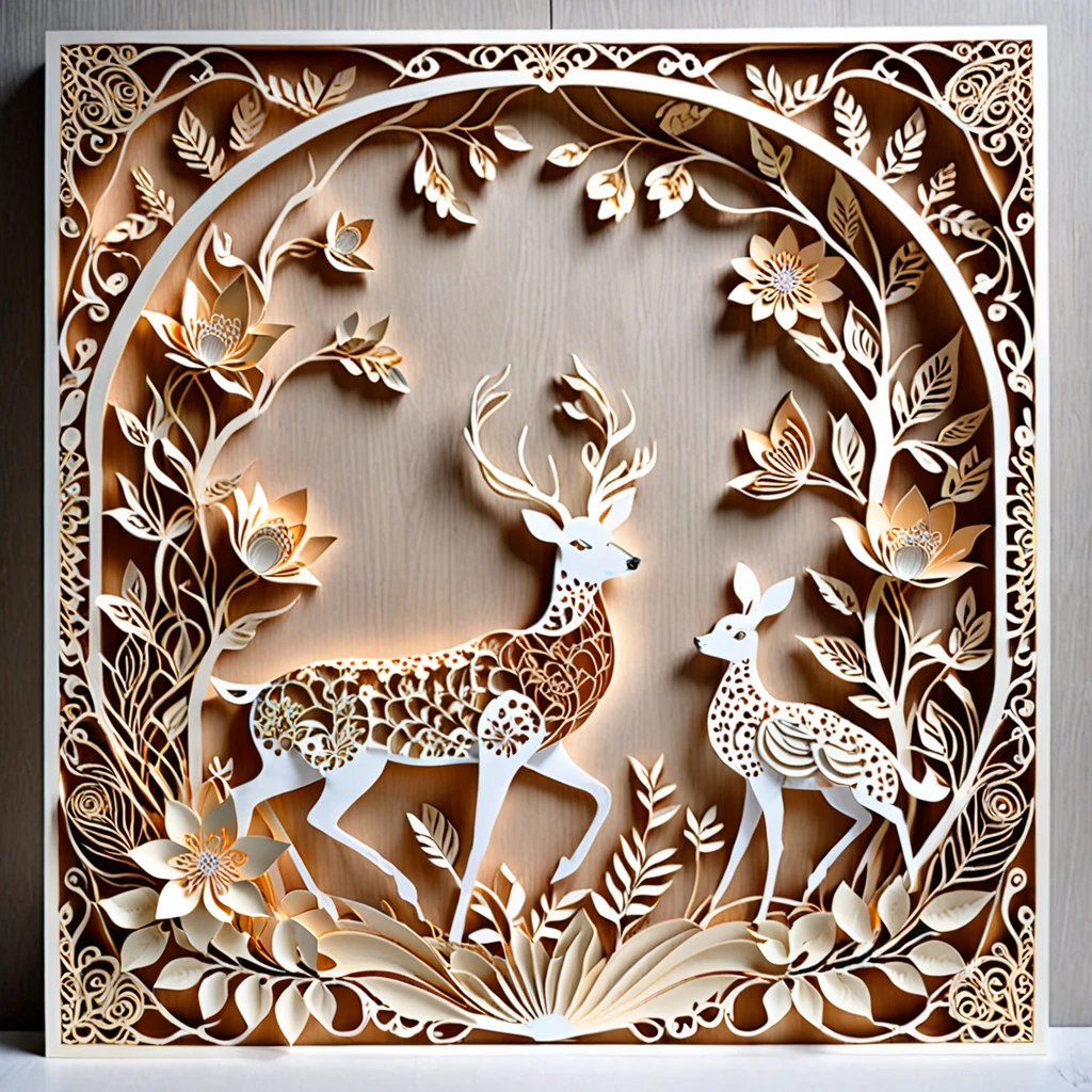 Create a detailed paper cutout artwork depicting a scene that combines intricate patterns with various flowers. The scene should include a harmonious blend of elaborate, decorative patterns interwoven with different types of flowers such as roses, lilies, and cherry blossoms. The patterns should enhance and complement the shapes and colors of the flowers, creating a seamless integration between the floral elements and the abstract designs. The artwork should evoke a sense of beauty and intricacy, highlighting the elegance and charm of both the patterns and the flowers. The overall mood should be artistic and enchanting, capturing the delicate beauty of nature through detailed design.