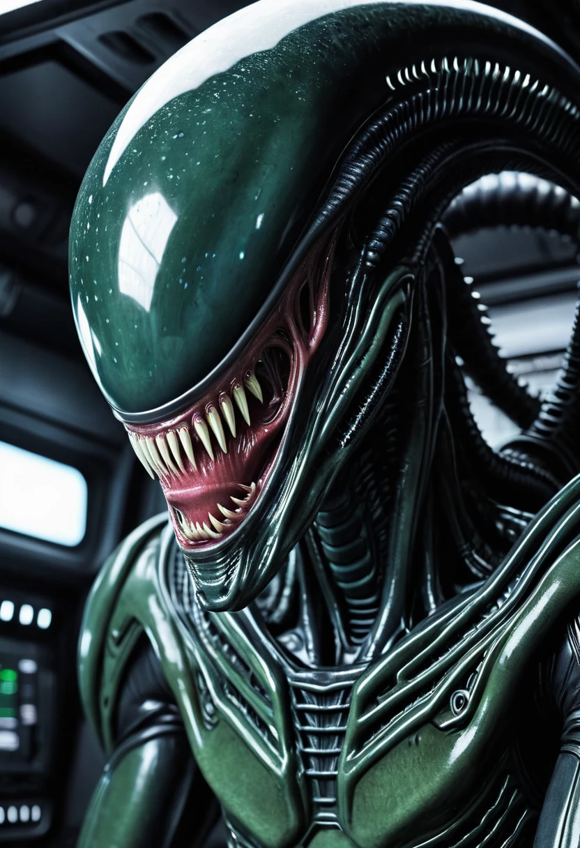 (((Very close up (((Xenomorph Alien the eighth passenger fusion Cell imperfect))),((Surreal and cinematic images))),(((Color Splash Images))),(((Front Images))),(((Akira Toriyama)))