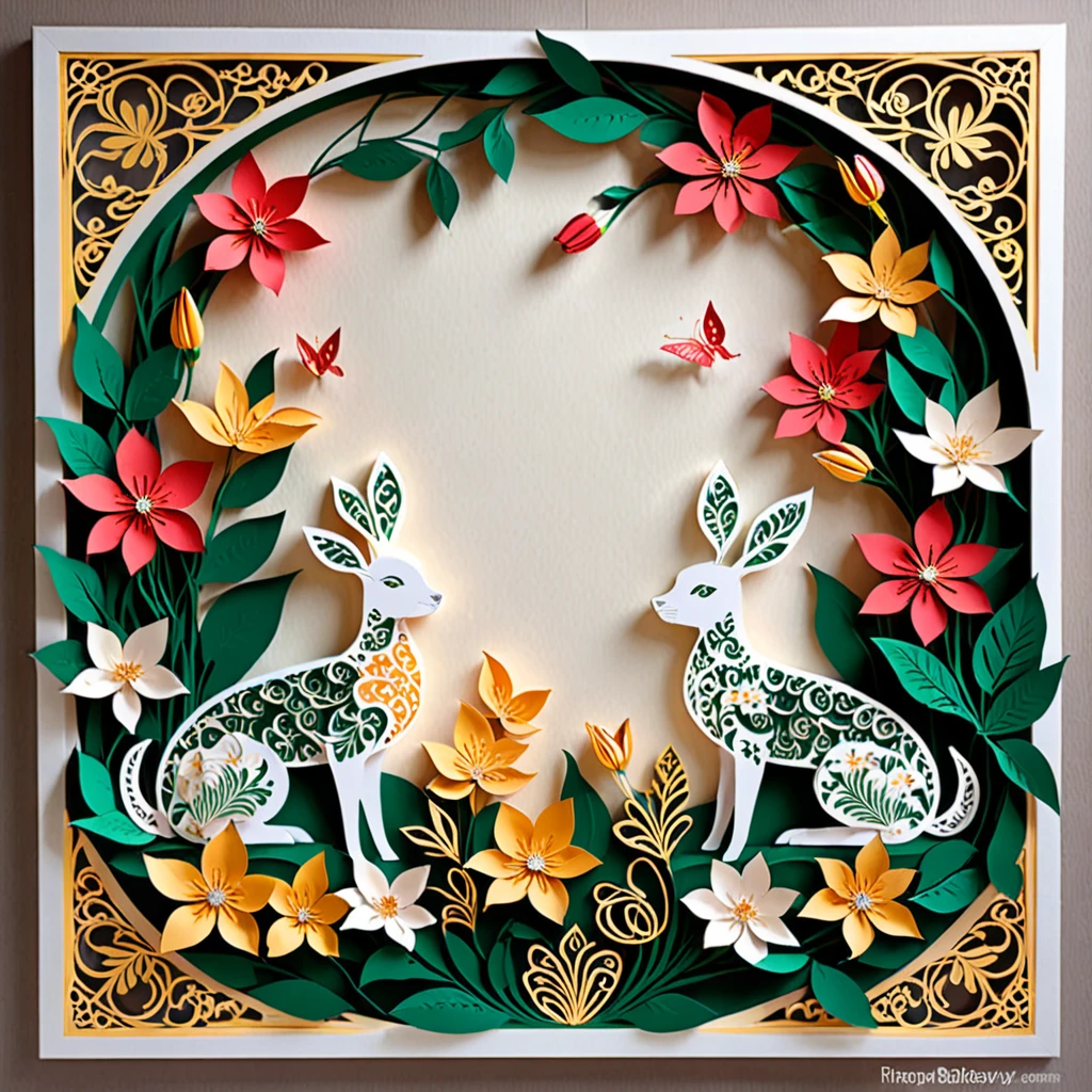 Create a detailed paper cutout artwork depicting a scene that combines intricate patterns with various flowers. The scene should include a harmonious blend of elaborate, decorative patterns interwoven with different types of flowers such as roses, lilies, and cherry blossoms. The patterns should enhance and complement the shapes and colors of the flowers, creating a seamless integration between the floral elements and the abstract designs. The artwork should evoke a sense of beauty and intricacy, highlighting the elegance and charm of both the patterns and the flowers. The overall mood should be artistic and enchanting, capturing the delicate beauty of nature through detailed design.