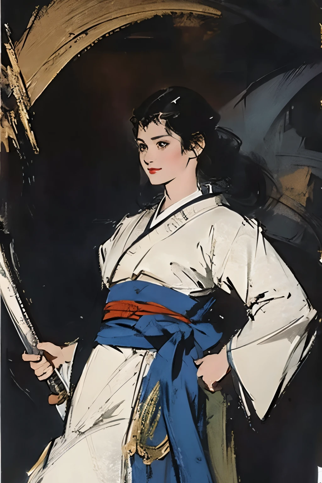 1 girl, standing alone, Japanese clothing, shorth hair, missiles, elsword, eyes browns, gazing at viewer, kimono, chestnut hair, lips, hand on hip, scabbard, ssmile, katana, Bblack hair, trunk, cloused mouth, scabbarded, hands up  