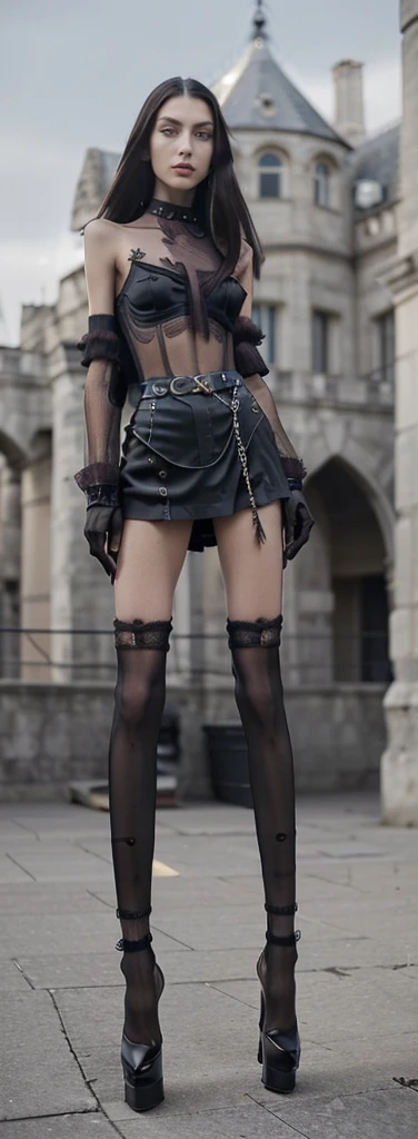 Step into the world of modern luxury with Aria, a 18-year-old model with a nice slim anorexic skinny body with small breast long slick black hair, (skinny long legs), (super long skinny anorexic legs:1.9), as she graces a Balenciaga professional photoshoot. Black leather Goth corset, black choker, ((25inch platform high Heels)), (platform high heel), ((revealing sexy goth lace latex underwear)), ((she is an kalashnikov AK-47 in here hands)), nice pussy, sexy pussy, (high black nylon lace stockings), nylon stockings, Envision Aria adorned in Balenciaga's goth cutting-edge couture, showcasing a sleek black tailored high cut leotard with minimalistic revealing avant-garde goth detailing, The setting captures Balenciaga's sophisticated, outside of a castle, castle in background, bokeh, in bright sunlight, high-end fashion, featuring clean lines, and dramatic lighting that accentuates Aria's elegant presence.