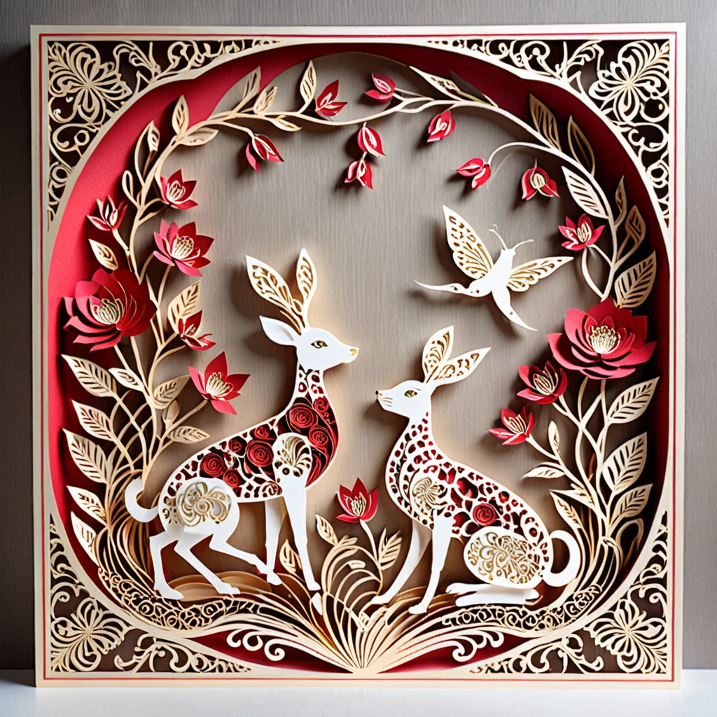 Create a detailed paper cutout artwork depicting a scene that combines intricate patterns with various flowers. The scene should include a harmonious blend of elaborate, decorative patterns interwoven with different types of flowers such as roses, lilies, and cherry blossoms. The patterns should enhance and complement the shapes and colors of the flowers, creating a seamless integration between the floral elements and the abstract designs. The artwork should evoke a sense of beauty and intricacy, highlighting the elegance and charm of both the patterns and the flowers. The overall mood should be artistic and enchanting, capturing the delicate beauty of nature through detailed design.