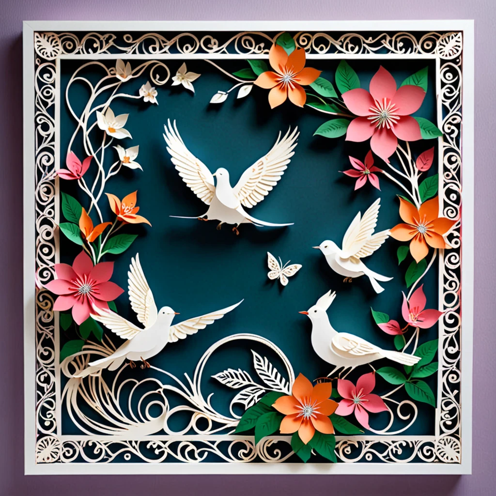 Create a detailed paper cutout artwork depicting a scene that combines intricate patterns with various flowers. The scene should include a harmonious blend of elaborate, decorative patterns interwoven with different types of flowers such as roses, lilies, and cherry blossoms. The patterns should enhance and complement the shapes and colors of the flowers, creating a seamless integration between the floral elements and the abstract designs. The artwork should evoke a sense of beauty and intricacy, highlighting the elegance and charm of both the patterns and the flowers. The overall mood should be artistic and enchanting, capturing the delicate beauty of nature through detailed design.