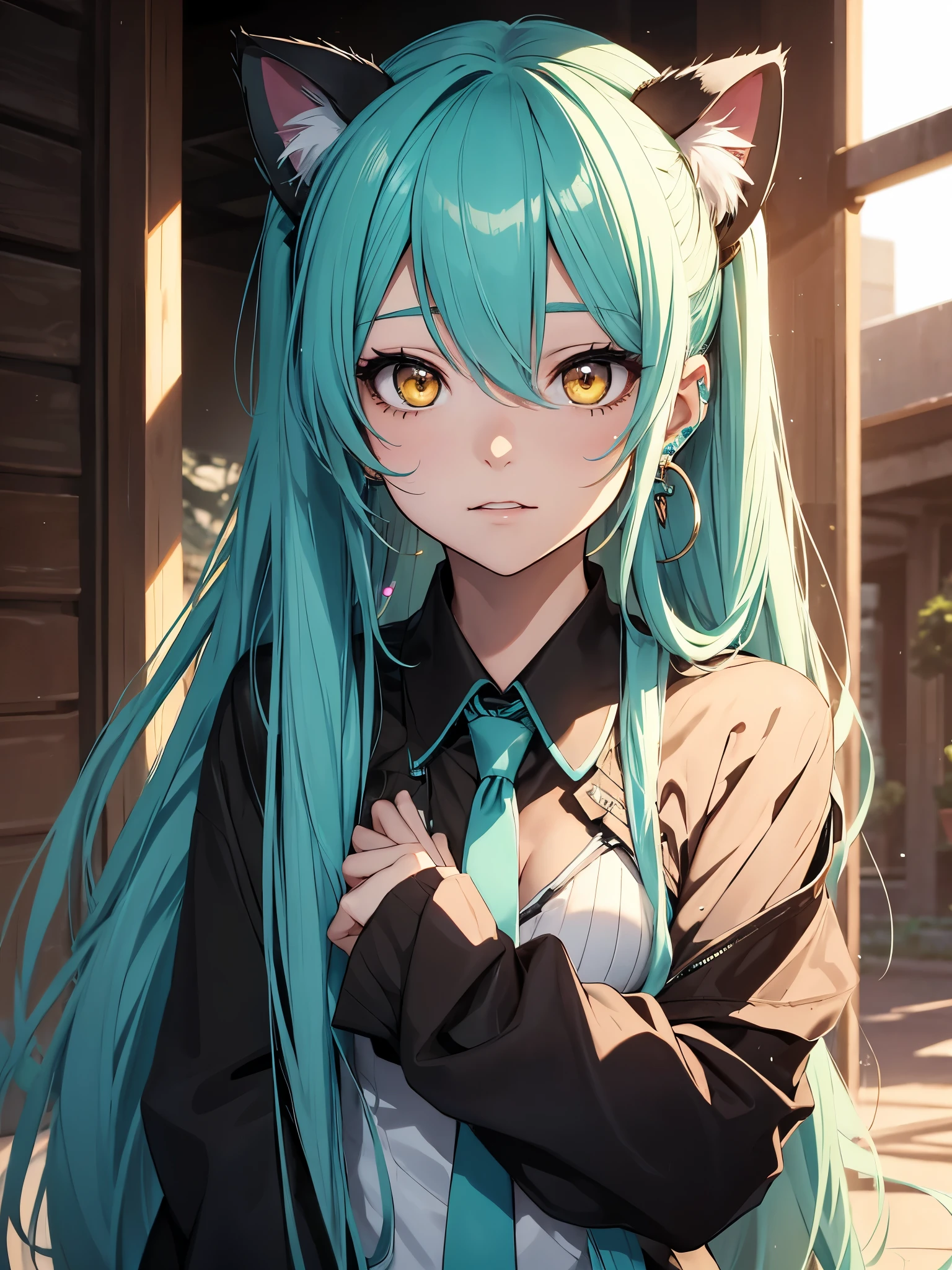 Hatsune Miku, makeup, earrings, yellow eyes, cat ears