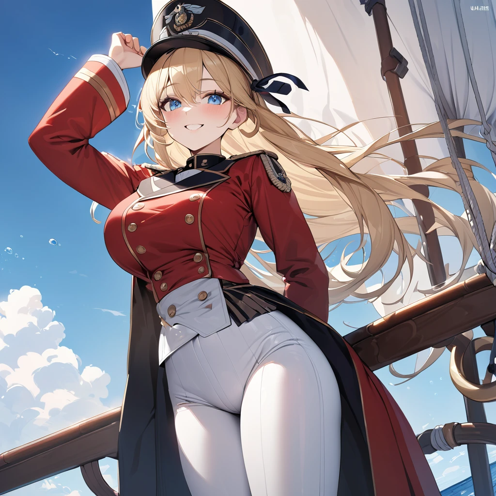 A woman wearing a navy commander's costume from the 1800s, long-sleeved red jacket, gold details on the jacket, tight white pants, black boots, black bicornuate navy commander's hat, standing and posing on an antique sailing ship, sea background with blue sky with clouds, blonde hair, long hair, pigtails Curly, ice blue eyes, smiling, big breasts, perfect face, flag of Denmark,,.UHD, masterpiece, accurate, anatomically correct, textured skin, super detail, high quality, best quality, 8k, high resolution, bokeh effect. (woman alone)