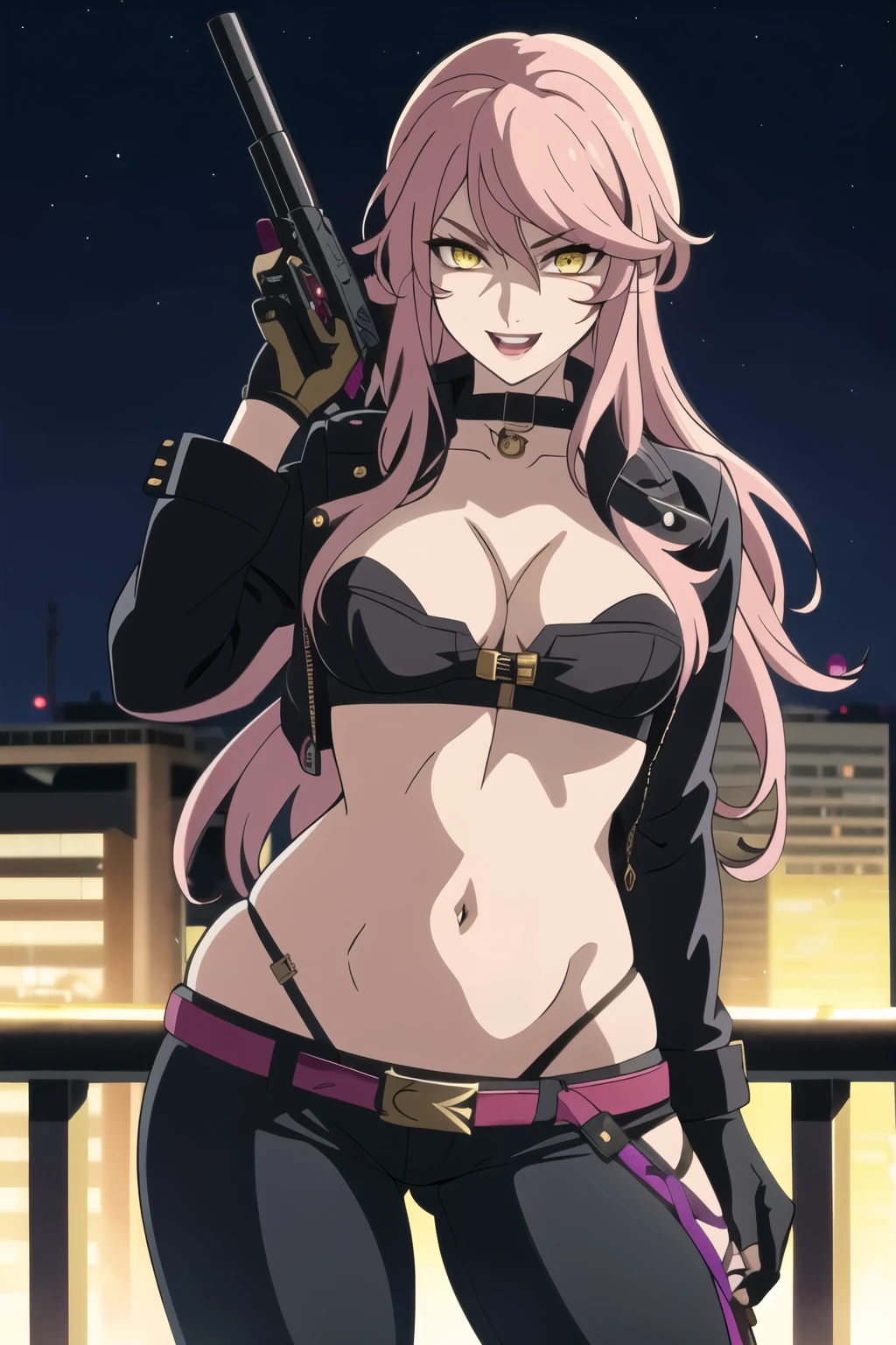 1girl, long hair, pink hair, multicolored hair, yellow eyes, fur trim, mature female, gloves, fur-trimmed coat, outdoors, rooftop, cityscape, building, railing, night, night sky, scenery, city lights, lipstick, masterpiece, best quality, highly detailed, a girls with a gun, evil smile , open mouth, sexy gaze, badass pose , evil smile, smile, (nsfw) not safe for work, guns blazing, anime girl with long hair, beautiful long haired girl, navel, evil expression, exposed belly, exposed navel, exposed midriff, exposed lower belly, long black pants, crop top, cleavage, unbuttoned leather pants ,open fly, low rise black leather pants, leather jacket, holding a gun,