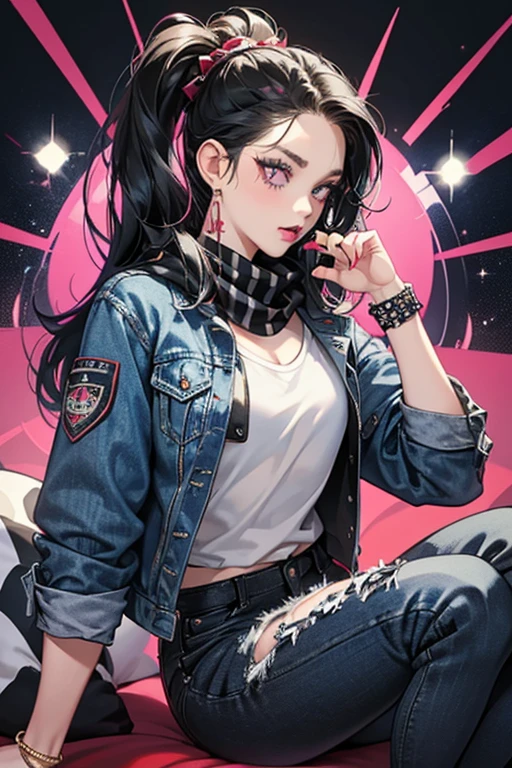 Rocker Grrrl has fair skin, dark indigo eyes, and knee-length black hair with white streaks. Being a girl, she has eye shadow, nail polish, lipstick, blush, and mascara like the rest of the OMG Fashion Dolls. However, she has 2 parallel black lines on her left cheek.
She wears a white singlet with part of the lyrics from 'Surprise Me', a blue denim jacket with black sleeves, pants that are white-and black-striped (left) and red with black spots (right), white lace boots, a black scarf with white polka dots, a screw and hook earrings, and a spiky bracelet.
SPARKLE; GLITTER