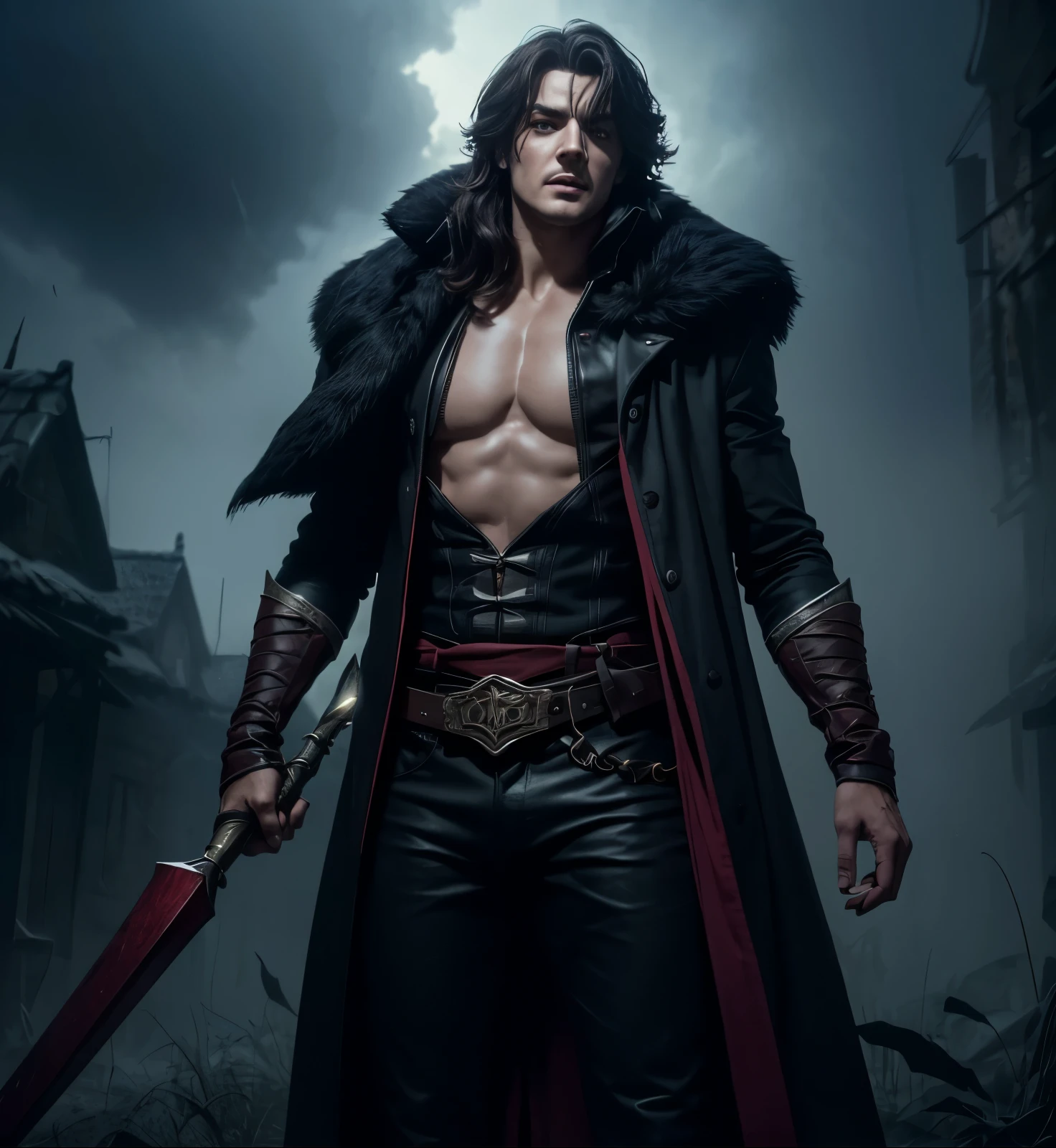 Jeon Jungkook (Boy Group BTS), (masterpiece, best quality, highres, high resolution:1.2, cowboy shot, castlevania \(netflix\)), extremely detailed, realistic, intricate details, (1boy, male:1.4, actor Henry Cavill), virile, vampire:1.5, ((evil grin)), very long canines, vampiric fangs, sharp teeth, (extremely pale skinned male), (glowing red eyes), solo, looking at viewer,  Strahd von Zarovich, (black) long hair, bat \(animal\), white mist, dark atmosphere, horror, fear, (cinematic lighting, bloom, volumetric), (realistic skin texture), extremely detailed, intricate, hyper detailed, illustration, high resolution, sharp detail, 