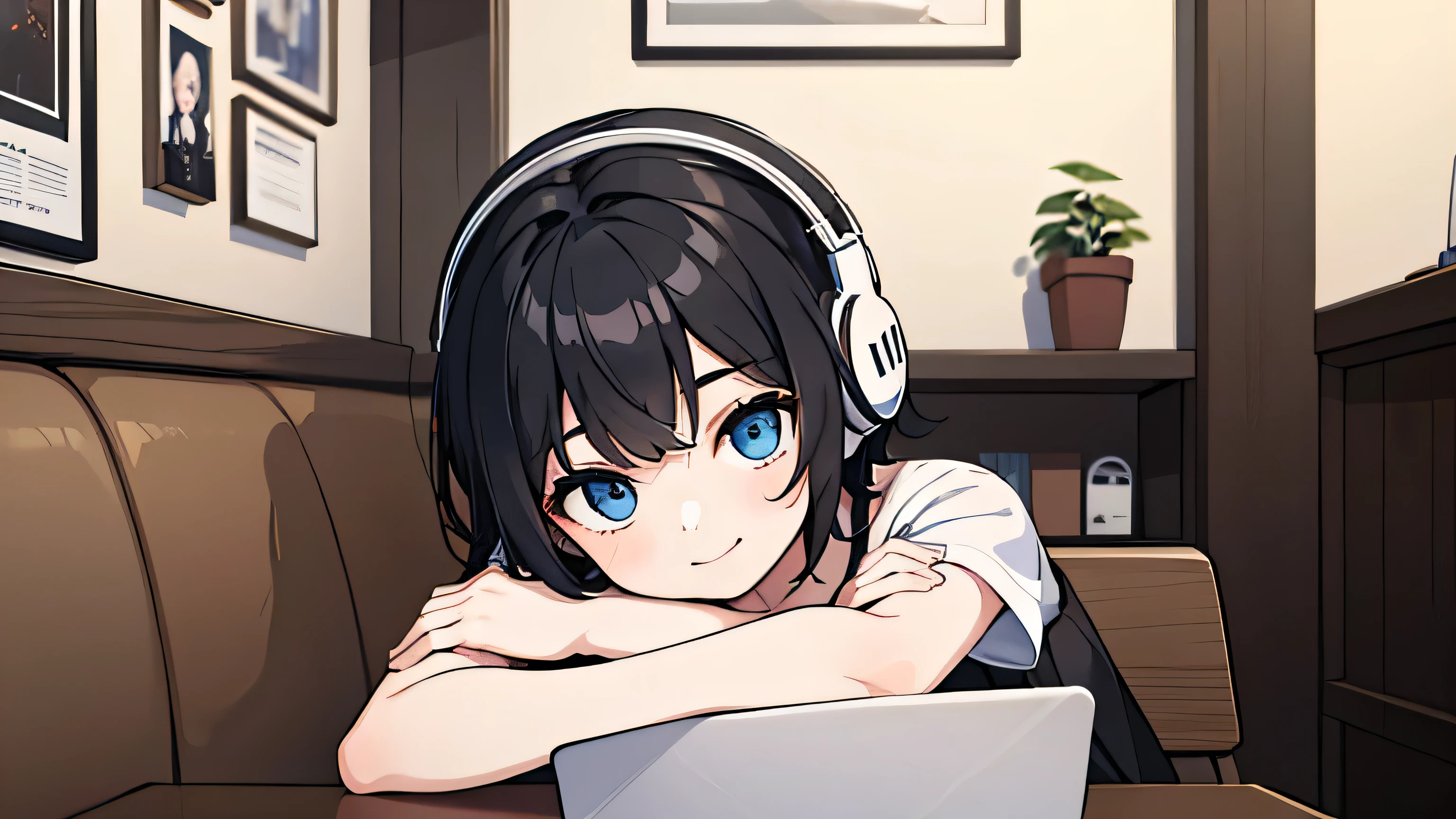 1girl, solo, blue eyes,(detailed eyes), gentle smile flat chest, short hair, black hair, ((white t-shirt)), simple t-shirt, black skirt, black socks, upper body, ((masterpiece, illustration, best quality)) sitting on a coffee shop with her coffee and working on her laptop and wearing white headphones
