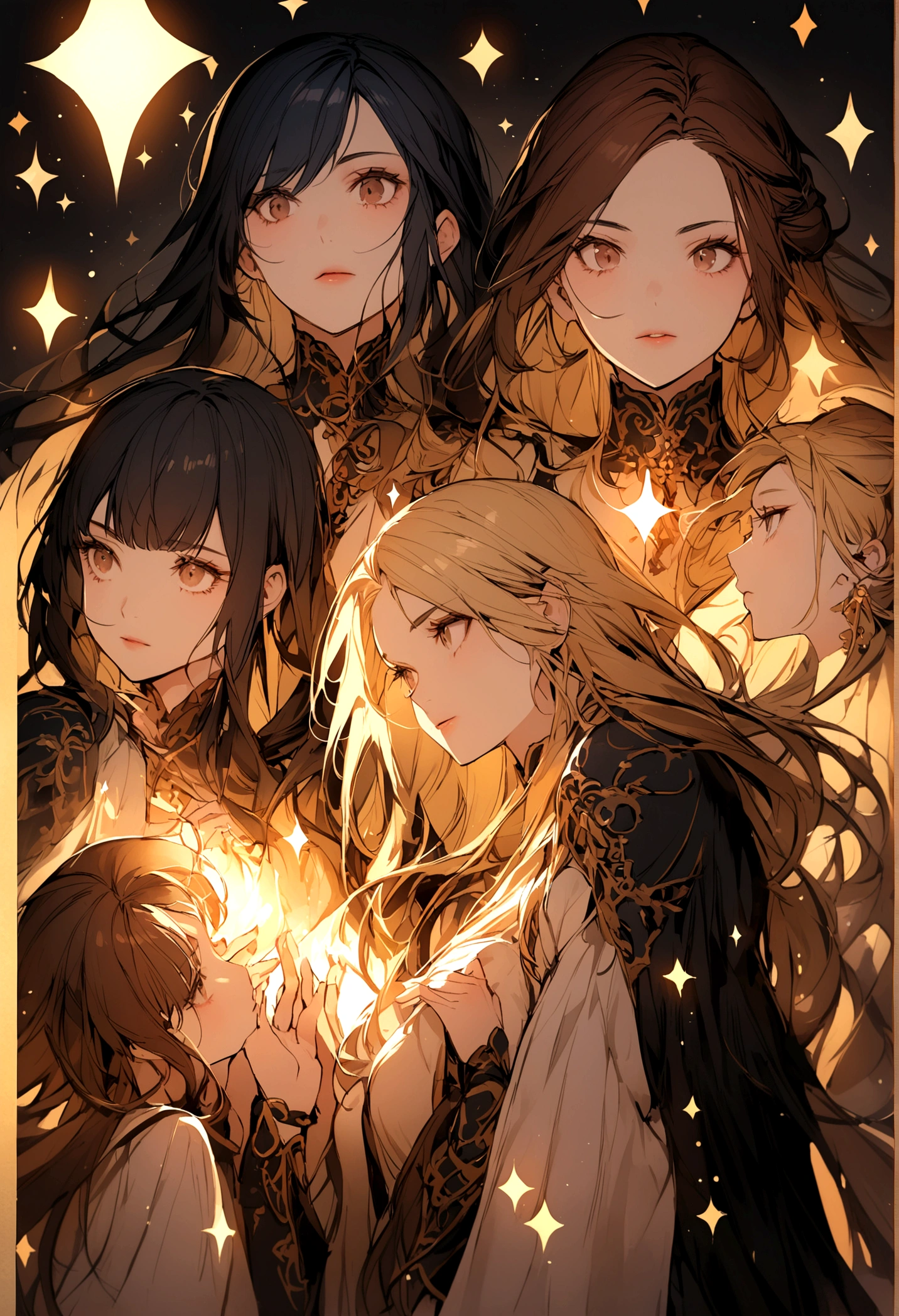 Four sisters, one with short black hair, another with brown hair, another with dark blue hair, and the last one is blonde with long hair.