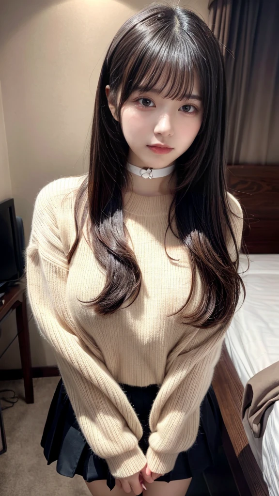 masterpiece, best quality, illustration, Super detailed, fine details, High resolution, 8K,wall paper, perfect dynamic composition,(Details High quality, realistic depiction of eyes:1.3), Long sleeve shirt、Hair length、A fluffy white sweater, choker, hotel room, black hair color, Big Natural Color Lip, sexy pose, crying a little、Harajuku style、20 year old girl、cute type、ta, hposing Gravure Idol, full body photo, huge breasts