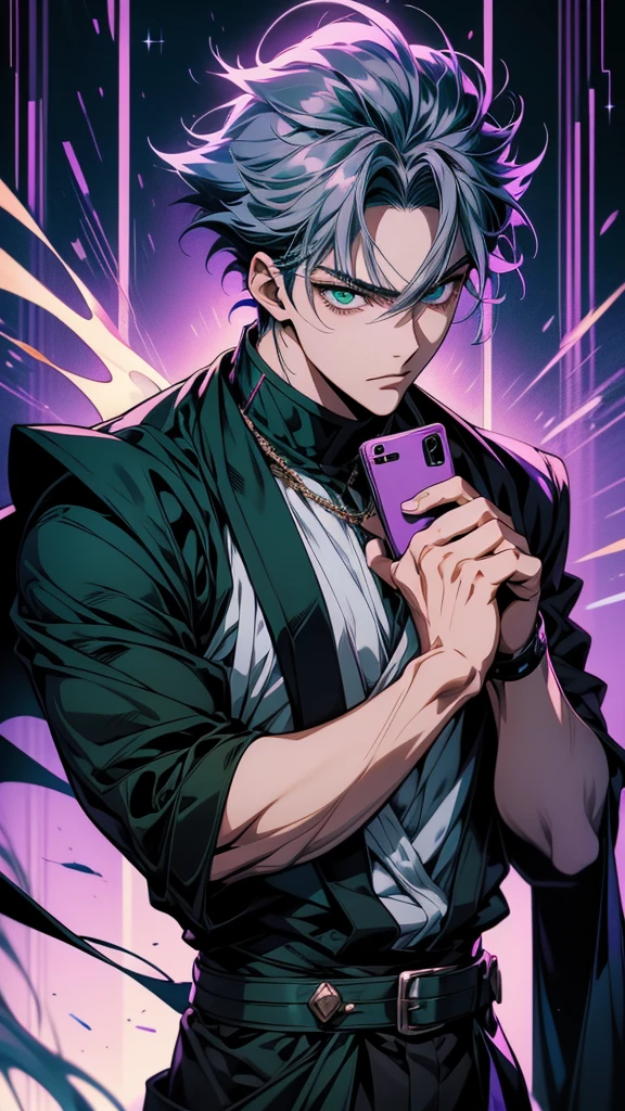 Anime guy with purple hair and green eyes holding a cell phone, Hajime Yatate, Male Anime Style, He has dark grey hair, Male Anime Characters, 2D Anime Style, Inspired by Hiro Yamagata, Handsome anime pose, Anime Shōnen, Anime Handsome Man, Neferpitou, Beautiful androgynous prince, Tall anime guy with blue eyes