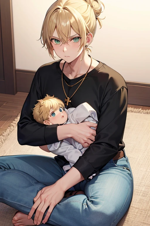 Anime boy, Neutral expression, with blonde hair tied in a bun, green eyes, black shirt, skinney blue jeans, gold cross necklace, holding a baby, sitting on floor.