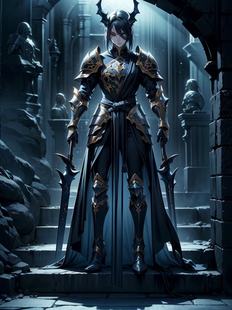 Design a layout showcase Gaming character, (1girl). Black+Gold intricate full body armor, opulent and dark, ((showcase weapon:1.4)), cursed blade, (masterpiece:1.2), (best quality), 4k, ultra-detailed, (Step by step design, layout art:1.5), (gloomy lighting, cursed atmosphere), dark knight, ((cursed gloves)), (((revealing armor:1.3))), dark vambraces, cursed boots, (((full_body_shot:1.4)))
