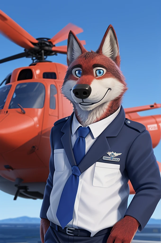 Ivan Fedorovich Wolfbach (Novosibirsk) ,высокий Beautiful, wolf,young, 24 years, brown fur,Kind,(red body:1.3),beautiful blue eyes,Novosibirsk,dressed,civil aviation pilot uniform,White shirt,epaulets командира, черный tie, trousers,airline pilot, commander's cap, trousers,canine, wolf, detailed fur, male, second, paw pads, finger claws,At the viewer, 5 fingers, paws, 5 fingers, smile, wrist watch, т nextel,by xenoforge, (difficult, high detail, digital photography, soft focus, RAW,goes for a walk, ,Very close to the camera,airport,Novosibirsk, smile, good mood, positive, Very close to the camera, plaid shirt, At the hairdresser, without hair, epaulets captain,
Photorealism, realistic, photorealistic, digital style, Subsurface scattering,I look at the viewer,стоит White shirt, epaulets, Strips, captain, trousers, tie, nearby by helicopter, Mi-8,smile, teeth, Beautiful,close to the camera,
masterpiece, Best quality, ultra realistic, 8 thousand.)