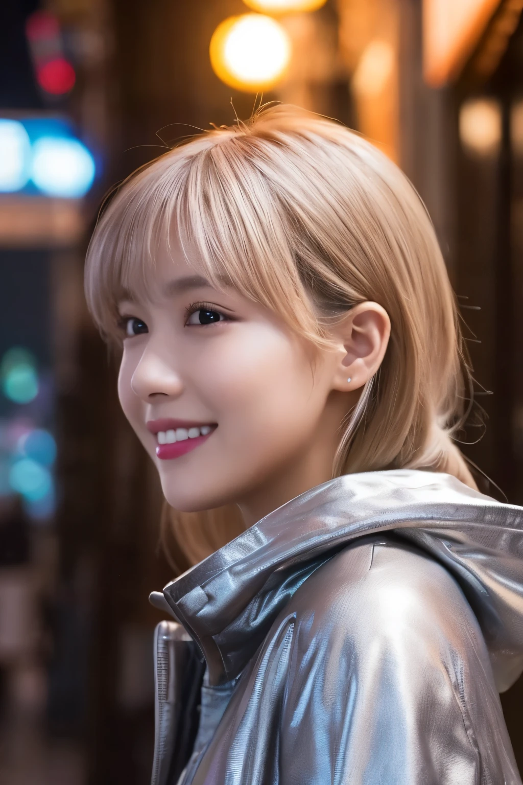 One Girl, (Wear a platinum coat:1.2), (RAW Photos, Highest quality), (Realistic, Photorealistic:1.4), Tabletop, Very delicate and beautiful, Very detailed, 2k wallpaper, wonderful, In detail, Very detailed CG Unity 8K 壁紙, Super detailed, High resolution, Soft Light, Beautiful detailed girl, Very detailed目と顔, Beautifully detailed nose, Beautiful attention to detail, Cinema Lighting, Night city lights, Perfect Anatomy, Slender body, Was nervous,
Straight semi-long hair, bangs, View your viewers, smile