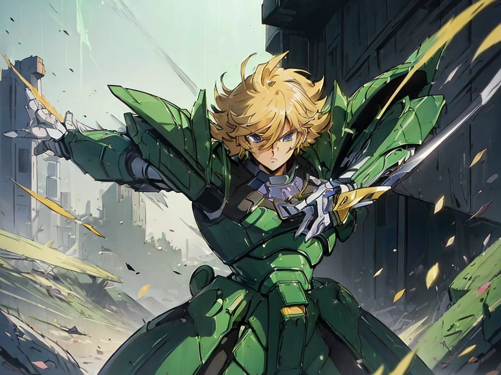(masterpiece, high quality, 32k animation quality, anime style, highly detailed, 1980s /(style/), retro art style, perfect anatomy), ((Korin Seiji)), 1 man, solo, (blonde hair, short hair, messy hair, asymmetrical parting, flipped hair), (beautiful eyes detailed), blue eyes, straight face, cowboy shot, (huge chest: 1.2, green armor, Korin's armor), slim waist: 1.0, wide hips 1.4, (waist armor, Korin's, realistic, highly detailed), (standing, leaning low, legs spread, holding a samurai sword), looking at the viewer, (cave background, on a rock), (front view, shot from below), holding a samurai sword in hand, score_10_up, score_9_up, score_8_up, score_7_up, score_6_up,