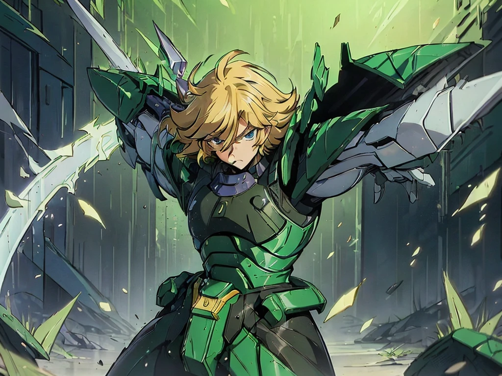 (masterpiece, high quality, 32k animation quality, anime style, highly detailed, 1980s /(style/), retro art style, perfect anatomy), ((Korin Seiji)), 1 man, solo, (blonde hair, short hair, messy hair, asymmetrical parting, flipped hair), (beautiful eyes detailed), blue eyes, straight face, cowboy shot, (huge chest: 1.2, green armor, Korin's armor), slim waist: 1.0, wide hips 1.4, (waist armor, Korin's, realistic, highly detailed), (standing, leaning low, legs spread, holding a samurai sword), looking at the viewer, (cave background, on a rock), (front view, shot from below), holding a samurai sword in hand, score_10_up, score_9_up, score_8_up, score_7_up, score_6_up,