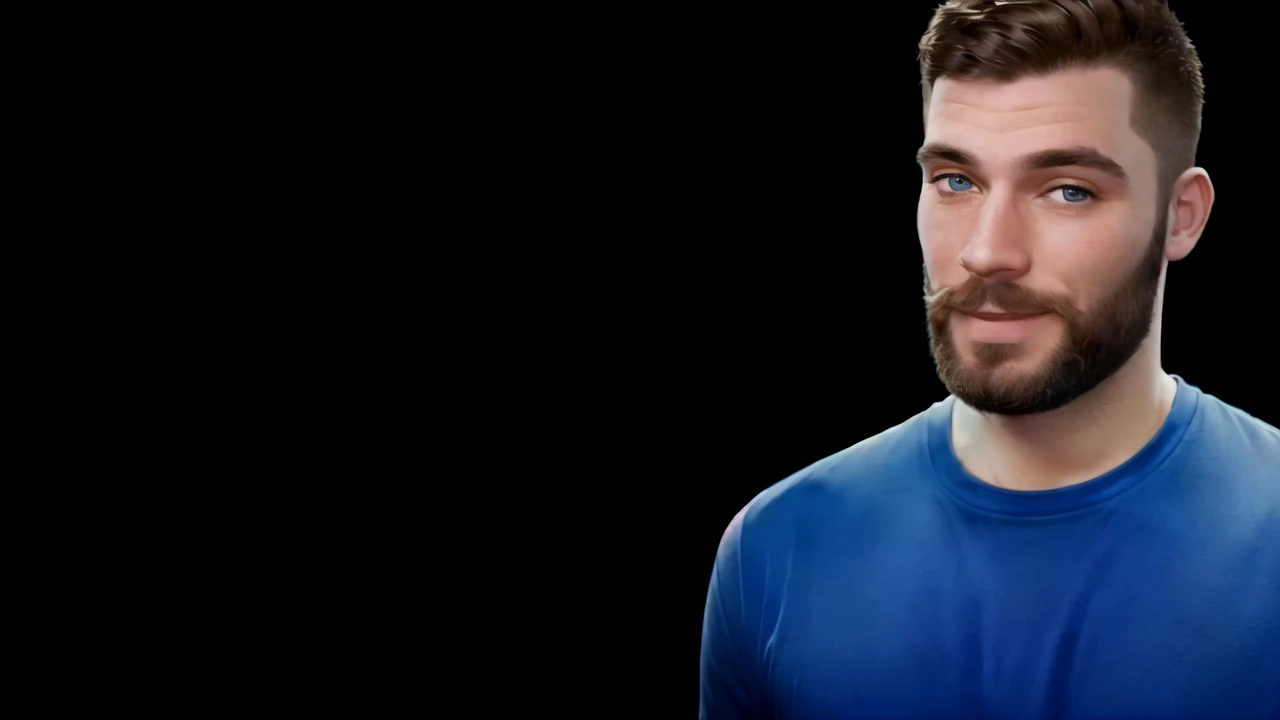 brutal man with a beard in a blue T-shirt looks at the camera, promotional image, bearded man smiles a little and looks at the camera.yu blue t-shirt
