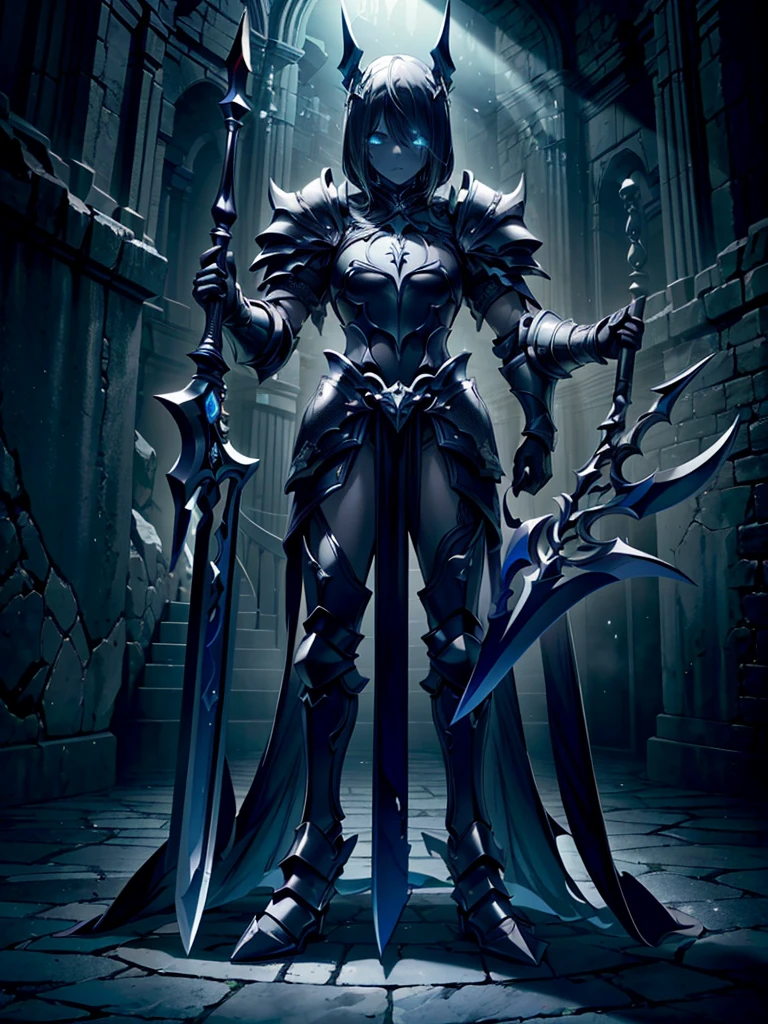 Design a layout showcase Gaming character, (1girl). Black+Gold intricate full body armor, opulent and dark, ((showcase weapon:1.4)), cursed blade, (masterpiece:1.2), (best quality), 4k, ultra-detailed, (Step by step design, layout art:1.5), (gloomy lighting, cursed atmosphere), dark knight, ((cursed gloves)), (((revealing armor:1.3))), dark vambraces, cursed boots, (((full_body_shot:1.4)))