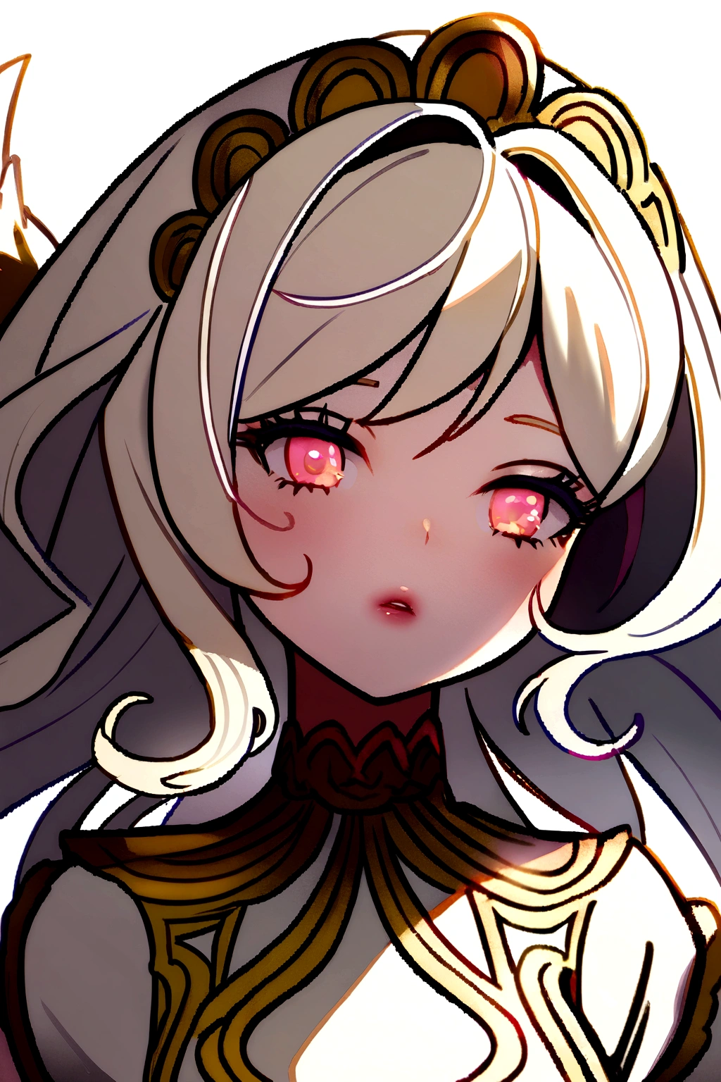 2D pale angel girl with pink touches on her cheeks and curly light blonde with gold and white wings