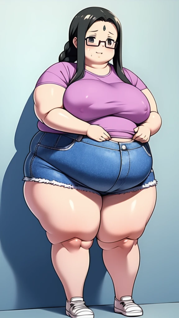 Anime Women, Lady、Forehead、Black Hair、Braid、Glasses、Hanging eyes、Brown eyes、Are fat、Chubby、Voluptuous、obesity、Double chin、Cheek、Fat-covered neck、Big Breasts、Saggy breasts、Thick upper arms、Fat Belly、Sagging belly、Thick legs、Fat all over the body、tall、Denim jumpsuit、Sweat、Embarrassed、Exercising
