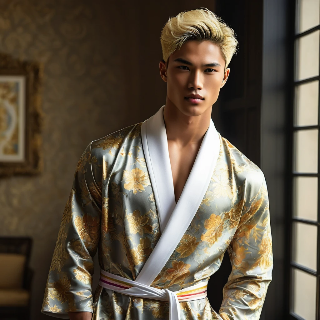 Candid Vogue fashion photography of mixed Latino and Japanese male supermodel, 23 year old, an attractive and charming, masculine appearance, slender, short platinum blonde hair, masculine appearance with slender physique, small pectorals, symmetric face, natural olive skin tone exudes youthfulness and athleticism, he is very photogenic, Position against an ornate dark background featuring a framed floral painting to add depth and richness to the scene, (He wears an open luxurious white and rainbow color patterned whit slim pants), semi hard bulge, His expression is serene and slightly introspective, with a soft smile, confident gaze directed slightly off-camera, Utilize natural soft lighting streaming in from a window, casting gentle highlights and shadows that accentuate the contours of his face and the texture of his robe, The light creates a warm intimate atmosphere with a soft golden tone that enhances his skin, The interplay of light and shadow adds depth and dimension to the scene, slightly blurred focus background bringing him into sharp clear detail while the rich tones of the background enhance the overall opulence of the image. Capture full-body short, dynamic angle, using a Canon EOS R6 and Sigma AF 85mm F1.4 EX DG HSM lens by Thomas Synnamon, Employ a shallow depth of field to focus closely on his face and body, Draw inspiration from high-fashion photographer, emphasize detail, texture and a sophisticated luxurious atmosphere, Emphasize the golden warm lighting and its effect on enhancing his features and the robe's rich textures, creating a visually captivating and elegant portrait that exudes warmth and sophistication, The overall mood blend the classical elegance of the modern, high-fashion aesthetic, producing an image that feels both timeless and contemporary, raw photo, masterpiece, best quality, Correct body structure, Correct photo distance, LGBTQ,