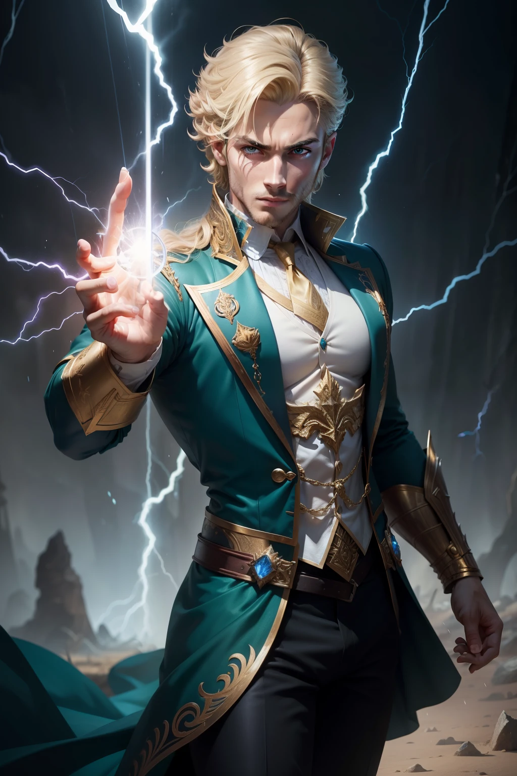 homem em um casaco azul e camisa branca, portrait of magical blond prince, Muscles, pintado no estilo arcano, cara bonito, Retrato completo do elementalista, elemental, mago de raio, super high res, melhor qualidade, fotos, 8K, (Realista: 1.2), cinematic lighthing, homens jovens, close-up de um homem em traje de mago, mago, magia, magias, casting spells, varinha, traje de mago, mago, mago, roupa de mago, roupa de mago, roupa de mago, manto, manto azul e dourado, mid hair, loiro, loiro, loiro, blonde hair standing up, cabelo irritado correndo coroa, pessoa real, dynamic pose perspective, dynamic perspective pose, Full-body dynamic posture, pose de garra sul, dynamic motion pose, dynamic pose realistic, dynamic action pose, pose masculina de mago, Releasing Lightning Spell, Lightning Spell in the Hand, perfect dynamic body type, dynamic pose full body, olhos verdes, olhos, olhos verdes emitindo uma luz amarela brilhante, floresta, tempo chuvoso, nuvens,Forest background with rain and lightning falling from the sky, noite, Forest background with rain and lightning falling from the sky, raios, eletrecidade, raio caindo, feixes de luz do raio caindo cobrindo seu corpo, white light above the head (aura: 1.2), Muscles, jovem, homem jovem, homem forte, pelos no rosto, barba, masculino, jovem, luz, obra-prima, melhor qualidade, detalhes intrincados, cristal no fundo, portal futurista, luz 3D, HD, magia, deus da luz, rosto detalhado, coragem, profundidade de campo, soft-lighting, mapeamento de tom, alto detalhe, arte conceitual, suave, foco claro, lighting dramatic, arte altamente detalhada, filme, 8K, incredible shadows (fundo altamente detalhado: 1.2)