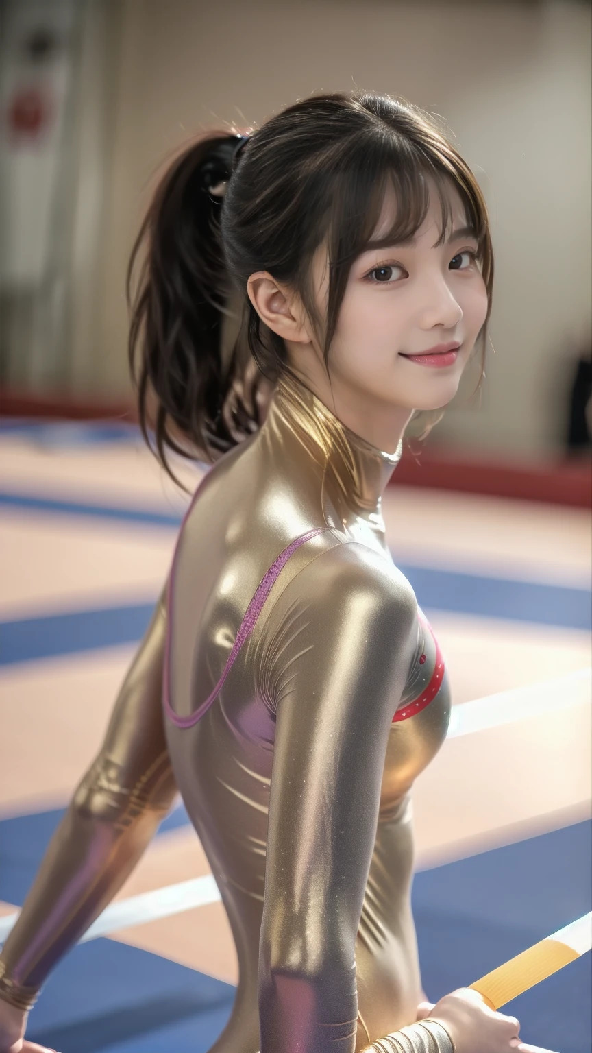 ((Gymnastics Venue:1.3)), ((Highly detailed skin), Beautiful realistic face, White skin, Pointed Chest, Small nipples, Accurate anatomy, Realistic eyes, Natural Eyes, Brown eyes, Accurate eye focus, Accurate limbs), (Hyper Realist, Ultra-realistic, 4K, Attention to detail, Ultra-high resolution, Highest quality, masterpiece, Presence, dynamic, Uplifting, bold, Sharpness), (Thinning hair:2), (Soft Hair:2), (Straight hair:1.5), Long, slicked bangs, Light copper amber hair, Hair on one eye, (Twin tail hair), (Female gymnast, Detailed costume, Wearing a long sleeve leotard:1.5), Shiny long sleeve leotard, Metallic colors長袖レオタード, Racing long sleeve leotard, Gymnastics Long Sleeve Leotard, ((High leg long sleeve leotard)), Long sleeve leotard with crystals, ({Metallic red color| Metallic purple color| Metallic white color| Metallic navy color| Metallic pink color| Metallic gold color| Metallic silver color| Metallic black color| Metallic colors}Long sleeve leotard colors), (Big Breasts:1.3), Tall, Model Body Type, Elongated arms and legs, Small waist, Small hips, (On all fours), Doggy style, I'm sticking my butt up, Sticking out her butt, Accentuate your buttocks, The long-sleeved leotard is digging into her butt, Full body portrait, Put your chest close, Emphasize the chest, Looking into the camera, smile, barefoot, (Underhair does not grow),