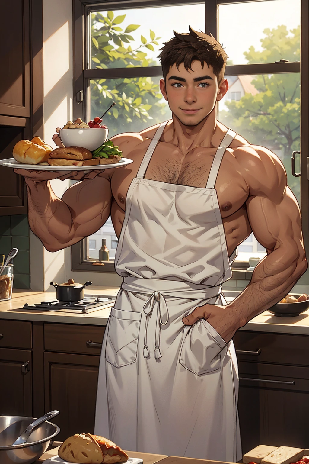 photo of a man cooking in the kitchen wearing naked apron, (20 years old), (smirk:0.7), food, window, large pectorals, leaning in, shirtless, best quality, masterpiece, detailed background, depth of field, intricate details