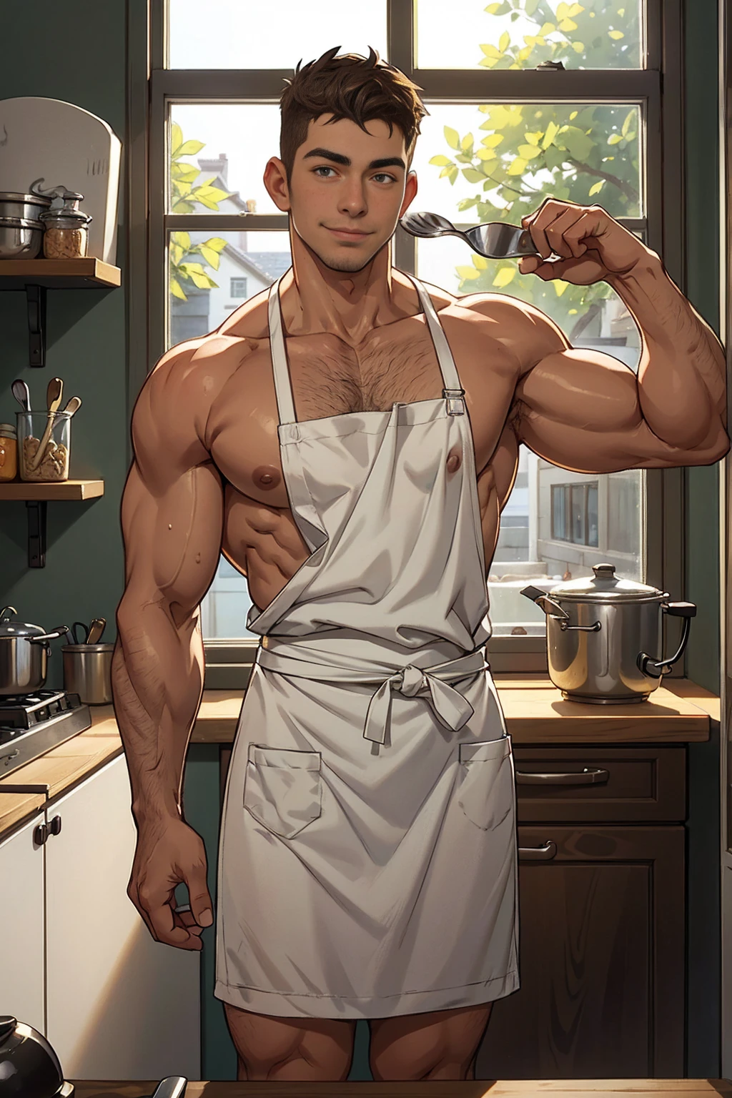 photo of a man cooking in the kitchen wearing naked apron, (20 years old), (smirk:0.7), food, window, large pectorals, leaning in, shirtless, best quality, masterpiece, detailed background, depth of field, intricate details